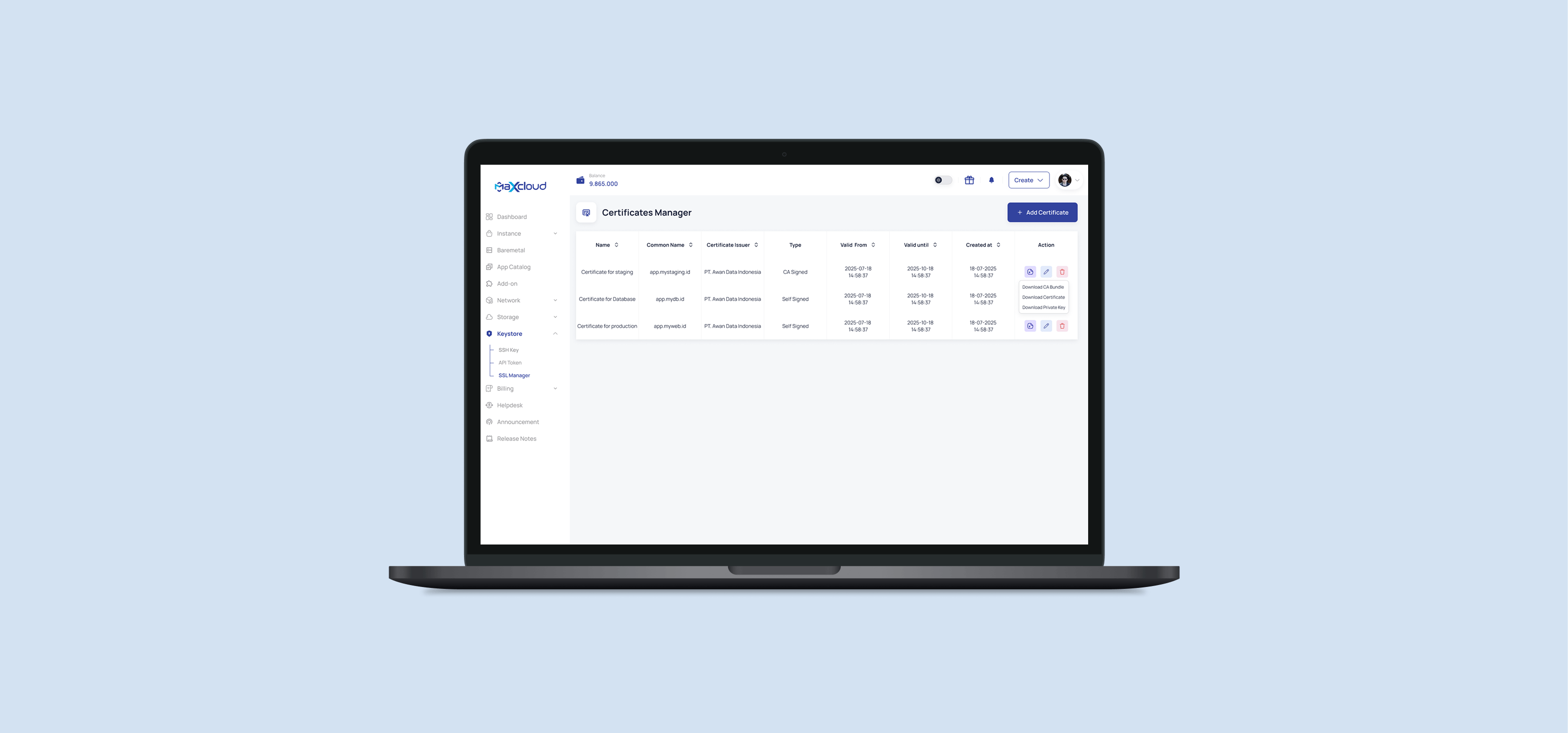 Maxcloud Certificate Manager Page